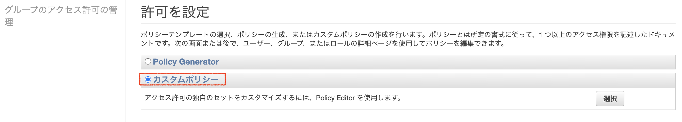 カスタムポリシー選択